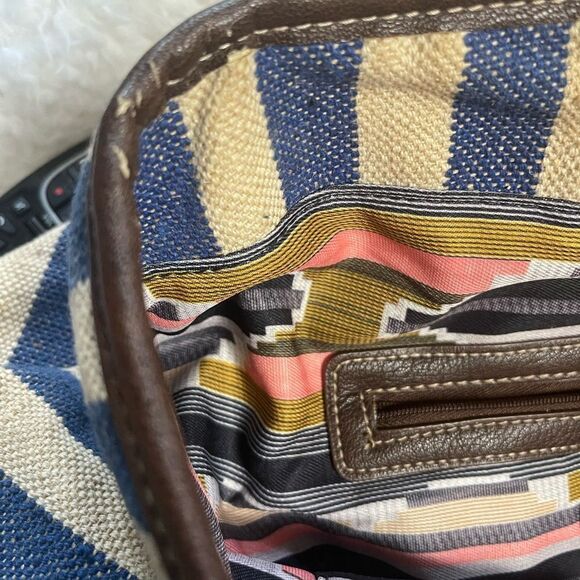 Big Buddha navy Blue &Beige stripes Fabric Large Tote Bag synthetic brown straps - Picture 14 of 16